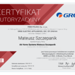 Sertyfikat autoryzacyjny producenta klimatyzacji Gree wystawiony dla firmy Air Home Systems.